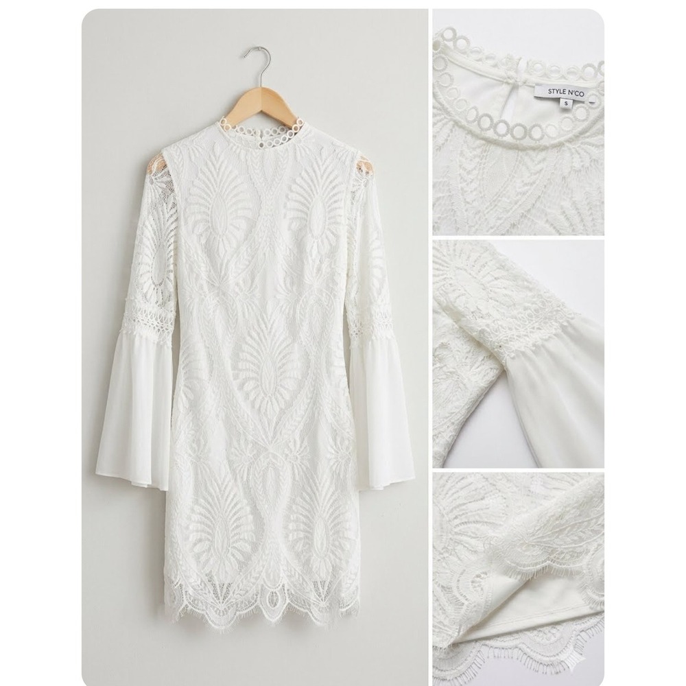 Eilly Bazar White Lace Bell Sleeve Mini Dress Medallion Crochet Bridal Boho M